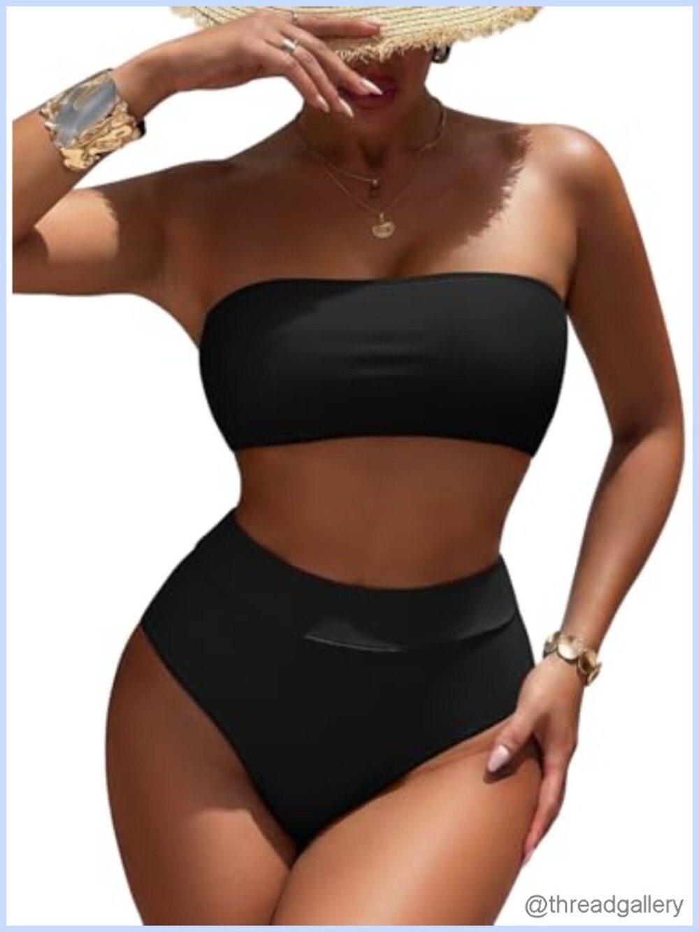 High Waist Bikini Set Removable Straps Bandeau Padded Cups Tummy Control